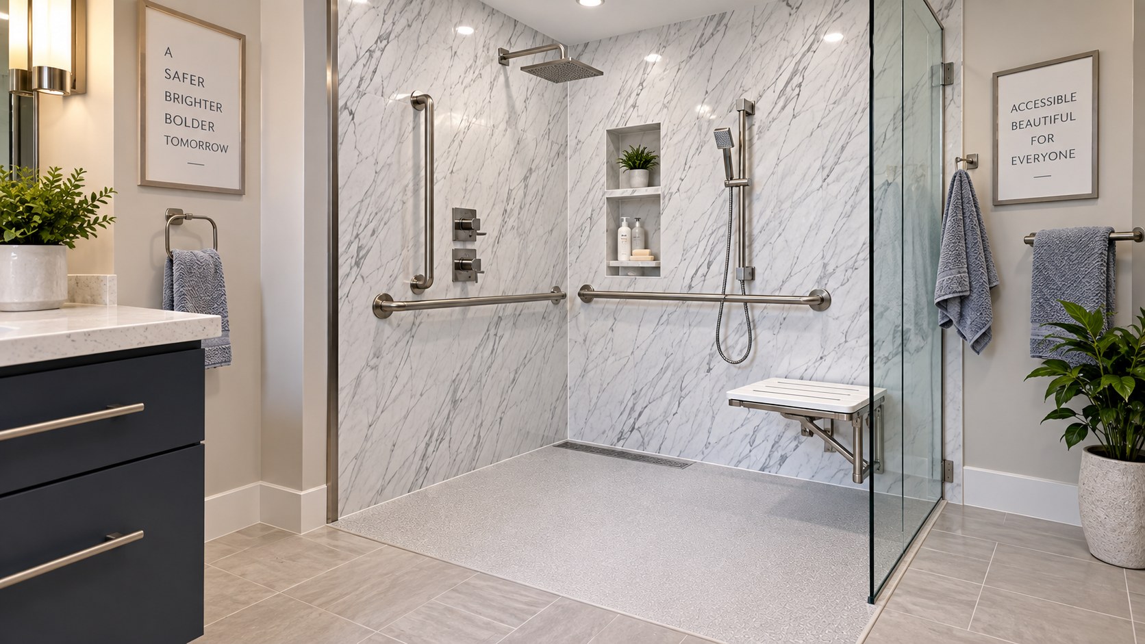 Barrier-free walk-in shower designed for ADA-compliant accessibility